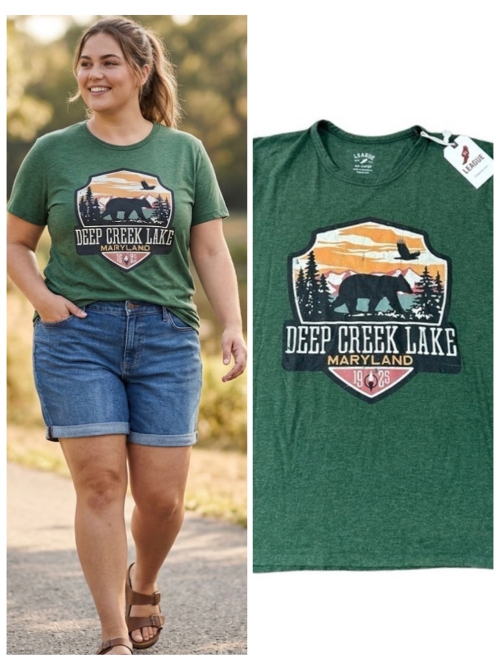 Deep Creek Lake Maryland Flint Badge Green Graphic Ladies T-Shirt NWT